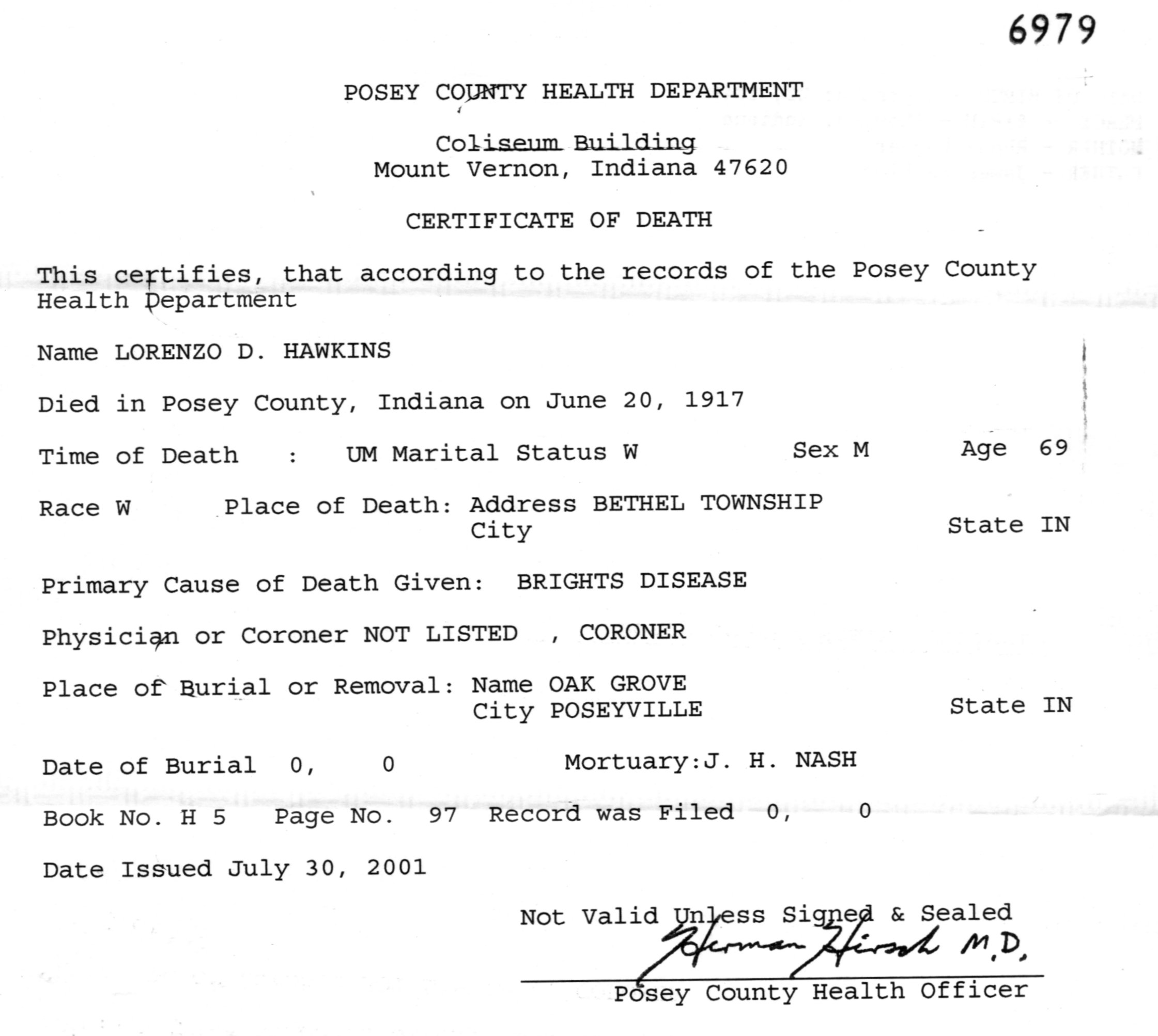 Lorenzo D. Hawkins Death Certificate